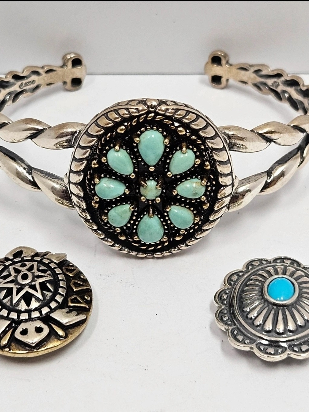 Carolyn Pollack - Silver-Brsss Turquoise Floral Cuff Interchangeable Bracelet